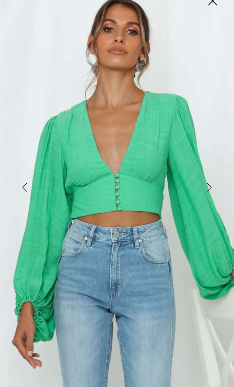 Hello Molly Green Long Sleeve Button Front Crop Top Size S